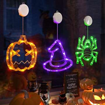 LOLStar Halloween Decorations 3 Pack Orange Pumpkin Green Spider Purple Witch Hat Halloween Window Lights with Suction Cup Battery Operated Halloween Lights, Upgrade Slow Fade Mode Timer Function