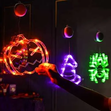 LOLStar Halloween Decorations 3 Pack Orange Pumpkin Green Spider Purple Witch Hat Halloween Window Lights with Suction Cup Battery Operated Halloween Lights, Upgrade Slow Fade Mode Timer Function