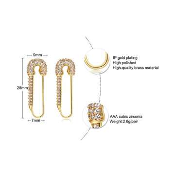 Stainless Steel Stylish Cubic Zirconia Sparkling Cartilage Earrings Punk Goth Safety Pin Earrings for Women, Gold plated
