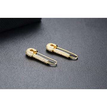 Stainless Steel Stylish Cubic Zirconia Sparkling Cartilage Earrings Punk Goth Safety Pin Earrings for Women, Gold plated