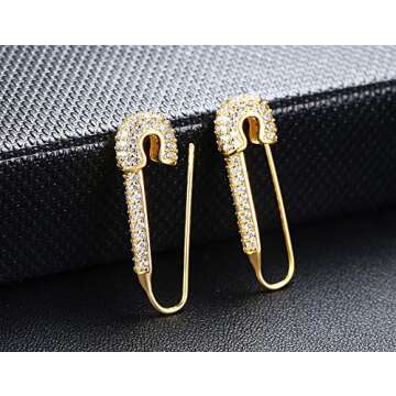 Stainless Steel Stylish Cubic Zirconia Sparkling Cartilage Earrings Punk Goth Safety Pin Earrings for Women, Gold plated