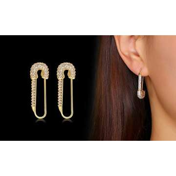 Stainless Steel Stylish Cubic Zirconia Sparkling Cartilage Earrings Punk Goth Safety Pin Earrings for Women, Gold plated