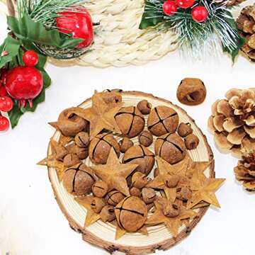 Rusty Metal Jingle Bells Kit Supplies Includes 75 Mixed Size Vintage Rusty Bells 20 Rustic Metal Star and Jute Rope Ribbon for Primitive Crafts Christmas Wreath Holiday Home Decoration (Pack of 95)