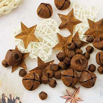 Rusty Metal Jingle Bells Kit Supplies Includes 75 Mixed Size Vintage Rusty Bells 20 Rustic Metal Star and Jute Rope Ribbon for Primitive Crafts Christmas Wreath Holiday Home Decoration (Pack of 95)