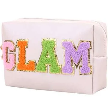 CRUOXIBB Preppy Patch Cosmetic Toiletry Bag for Women SKIN Letters PU Leather Portable Makeup Bag Zipper Pouch Storage Purse Waterproof Organizer for Travel (GLAM)