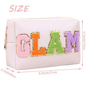 CRUOXIBB Preppy Patch Cosmetic Toiletry Bag for Women SKIN Letters PU Leather Portable Makeup Bag Zipper Pouch Storage Purse Waterproof Organizer for Travel (GLAM)
