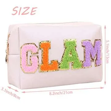 CRUOXIBB Preppy Patch Cosmetic Toiletry Bag for Women SKIN Letters PU Leather Portable Makeup Bag Zipper Pouch Storage Purse Waterproof Organizer for Travel (GLAM)