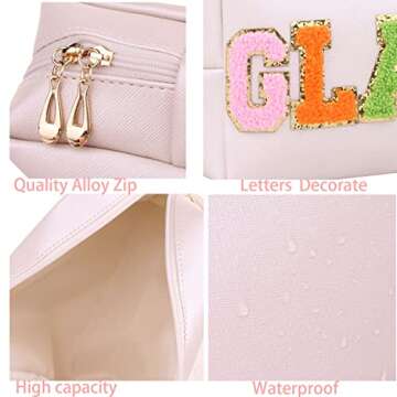 CRUOXIBB Preppy Patch Cosmetic Toiletry Bag for Women SKIN Letters PU Leather Portable Makeup Bag Zipper Pouch Storage Purse Waterproof Organizer for Travel (GLAM)