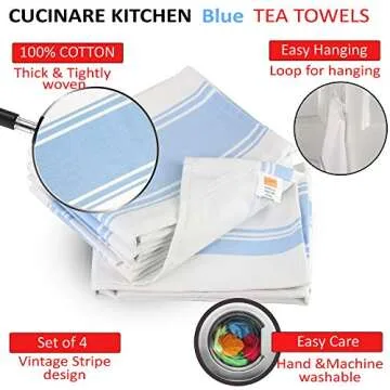Cucinare Kitchen Towels 100% Cotton Professional Grade Large and Absorbent with Vintage Stripe Tea Towel, Set of 4 (Size 20"x 28") (Blue)