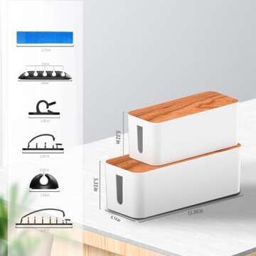 Cable Management Box 2 Pack with 16 Cable Clips Set-Large & Medium & Small Wooden Style Cable Organi...