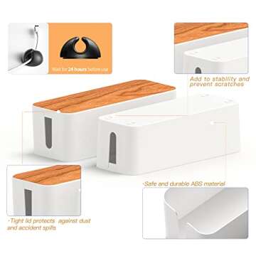 Cable Management Box 2 Pack with 16 Cable Clips Set-Large & Medium & Small Wooden Style Cable Organizer Box to Hide Wires&Power Strips | Cord Organizer Box | Cable Organizer for Home & Office [White]