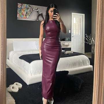 XLLAIS Women's Faux PU Leather Bodycon Maxi Dress Sexy Boatneck Tank Long Dresses (Grape, Medium)