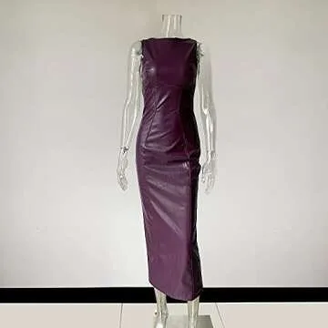 XLLAIS Women's Faux PU Leather Bodycon Maxi Dress Sexy Boatneck Tank Long Dresses (Grape, Medium)