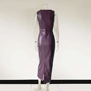 XLLAIS Women's Faux PU Leather Bodycon Maxi Dress Sexy Boatneck Tank Long Dresses (Grape, Medium)