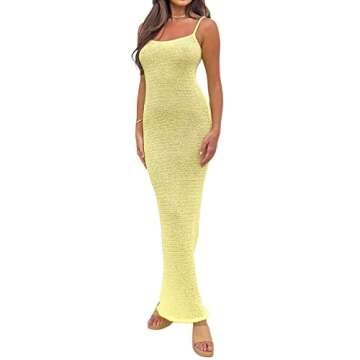 Women Bodycon Maxi Slip Dress Summer Sleeveless Backless Low Cut Knitted Long Dress Cocktail Party Club(Knit Yellow, M)