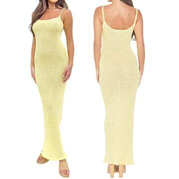Women Bodycon Maxi Slip Dress Summer Sleeveless Backless Low Cut Knitted Long Dress Cocktail Party Club(Knit Yellow, M)
