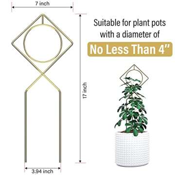 Small Trellis for Potted Plants (Pack of 2), Gold Metal Plant Support Stake for Indoor Climbing Plants, Boho Plant Decor Accessories - Gold Color Size: 17” x 7”