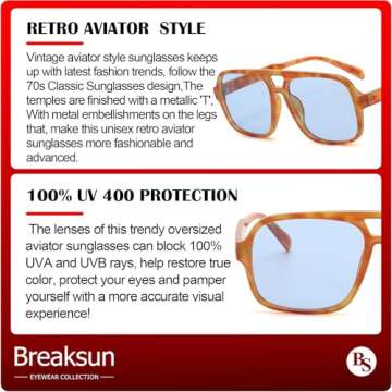 Breaksun Retro Aviator Sunglasses for Unisex - 70s Trendy Style
