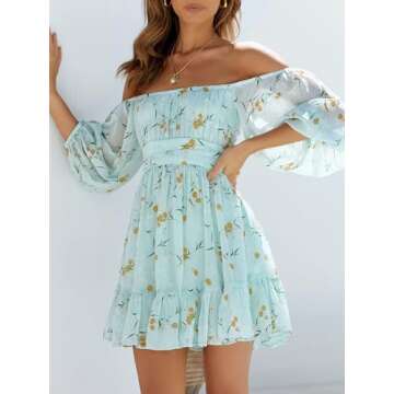 Stylish EXLURA Lantern Sleeve Casual Dress - Blue Floral