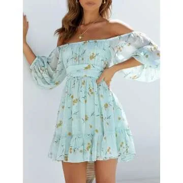 Stylish EXLURA Lantern Sleeve Casual Dress - Blue Floral