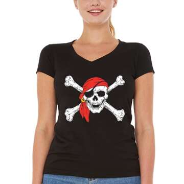 Shop4Ever Pirate Skull & Crossbones Women's V-Neck T-Shirt - Unique Pirate Design