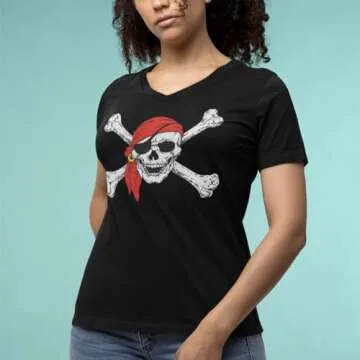 Shop4Ever Pirate Skull Crossbones Women's V-Neck T-Shirt