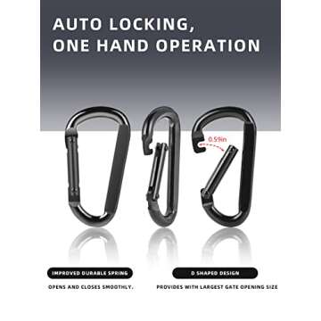 DELSWIN Heavy Duty Caribeaner Carabiner Clip - 900lbs, 3" Caribeener Clips D Shaped Spring Hooks for Hammocks, Camping, Hiking, Dog Leash, Keychains, Outdoors and Gym, Black, 6 PCS