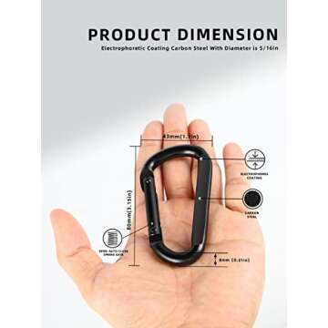 DELSWIN Heavy Duty Caribeaner Carabiner Clip - 900lbs, 3" Caribeener Clips D Shaped Spring Hooks for Hammocks, Camping, Hiking, Dog Leash, Keychains, Outdoors and Gym, Black, 6 PCS