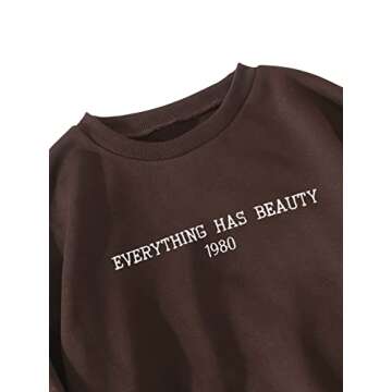 SweatyRocks Women's Casual Sweatshirts Crew Neck Letter Print Long Sleeve Shirts Pullover Tops Chocolate Brown M