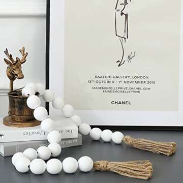 Large White Wooden Beads Garland Farmhouse Decor 50inch long with 1.6" Diameter beads, Wood Beads De...