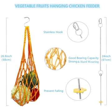 Longer Chain Chicken Toys for Coop Accessories 7PCS, Chicken Swing Ladder Perch roosts, Chicken Xylophone Mirror with Bells Vegetable Fruits Hanging Chicken Feeder for hens Bird Parrot