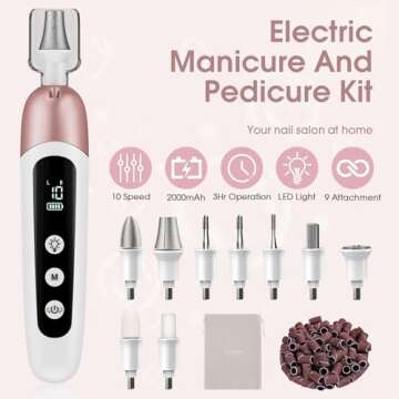 Cordless Electric Nail File Set, Professional Manicure Pedicure Kit, 10 Speed Portable Nail Drill Ma...