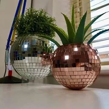 LOVE|EVERYDAY Disco Ball Planter Rose Gold, Hanging Disco Plant Hanger for Indoor Plants, Flowers & Gardening, Sparkly Mirrored Disco Ball Planter Decor