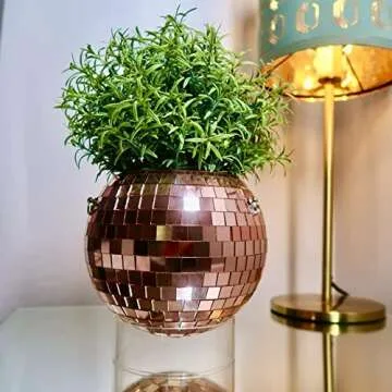LOVE|EVERYDAY Disco Ball Planter Rose Gold, Hanging Disco Plant Hanger for Indoor Plants, Flowers & Gardening, Sparkly Mirrored Disco Ball Planter Decor