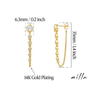 MILLA Dangle Earrings for Women - Cute Designer Earrings for Women Trendy Gold Chain Earrings & Sterling Silver Dangly Earrings (Round CZ / 14K Gold Plated)