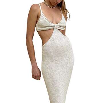 NUFIWI Womens Sexy Knitted Cut Out Spaghetti Strap Long Dresses Halter Neck Backless Maxi Dress Club Party Y2K Streetwear (Apricot, S)
