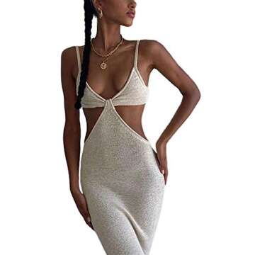 NUFIWI Womens Sexy Knitted Cut Out Spaghetti Strap Long Dresses Halter Neck Backless Maxi Dress Club Party Y2K Streetwear (Apricot, S)
