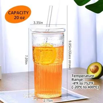 HAILIWEI Glass Cups with Lids and Straws，20 OZ High Borosilicate Glass Tumbler,Glass Tumbler with Lid Suitable for use as Ice Tea Cup, Iced Coffee Cup