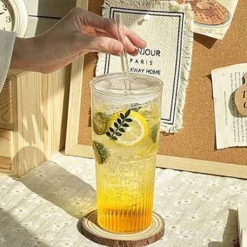 HAILIWEI Glass Cups with Lids and Straws，20 OZ High Borosilicate Glass Tumbler,Glass Tumbler with Lid Suitable for use as Ice Tea Cup, Iced Coffee Cup