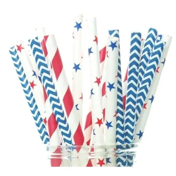 Food With Fashion 4th of July Straws USA Red, White & Blue Party Straws - Paper Straws for Drinking,...