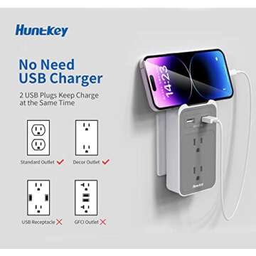 Outlet Extender with Multi Plugs, Huntkey Multi USB Plug Outlet Splitter W. Phone Cradle & 2 USB A Plug Charging Port, No Surge Protector
