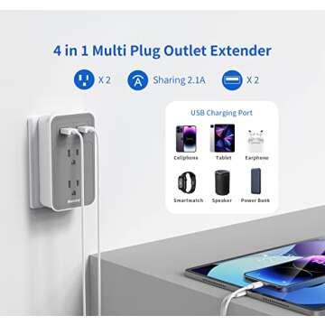 Outlet Extender with Multi Plugs, Huntkey Multi USB Plug Outlet Splitter W. Phone Cradle & 2 USB A Plug Charging Port, No Surge Protector