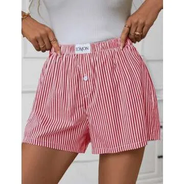 LOMON Womens Boxer Shorts Casual Summer Cotton Pajama Lounge Sleep Pj Striped Shorts Y2K Beach Bottoms (Red White Striped S)