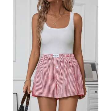 LOMON Womens Boxer Shorts Casual Summer Cotton Pajama Lounge Sleep Pj Striped Shorts Y2K Beach Bottoms (Red White Striped S)