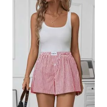 LOMON Womens Boxer Shorts Casual Summer Cotton Pajama Lounge Sleep Pj Striped Shorts Y2K Beach Bottoms (Red White Striped S)