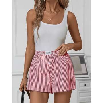 LOMON Womens Boxer Shorts Casual Summer Cotton Pajama Lounge Sleep Pj Striped Shorts Y2K Beach Bottoms (Red White Striped S)