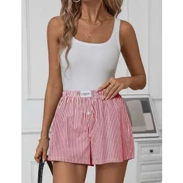 LOMON Womens Boxer Shorts Casual Summer Cotton Pajama Lounge Sleep Pj Striped Shorts Y2K Beach Bottoms (Red White Striped S)