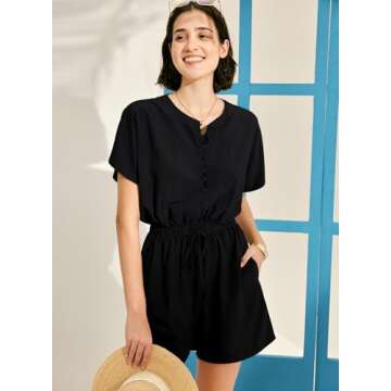 MIHOLL Rompers for Women Summer Dressy Short Sleeve Outfits Casual One Piece Shorts Jumpsuit with Pocket(Black,X-Large)