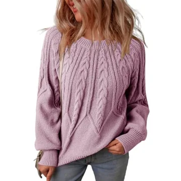 Dokotoo Oversized Sweaters for Womens Fashion 2024 Cable Knit Fall Outfits Elegant Crewneck Long Sleeve Shirts Loose Chunky Outerwear Purple Tops X-Large