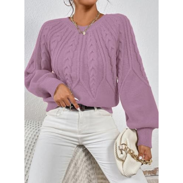 Dokotoo Oversized Sweaters for Womens Fashion 2024 Cable Knit Fall Outfits Elegant Crewneck Long Sleeve Shirts Loose Chunky Outerwear Purple Tops X-Large